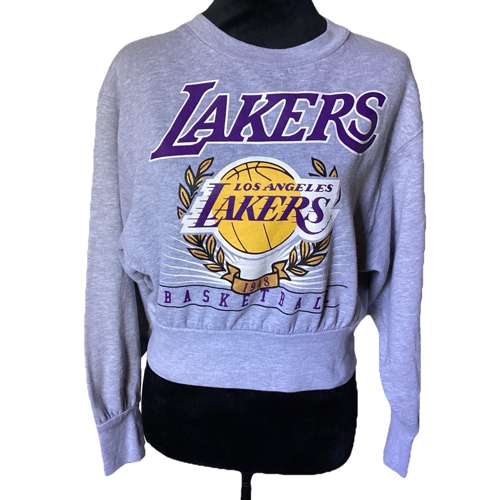 NBA Women Los Angeles LA Lakers Cropped Long Sleeve Gray Pull On SoftSweater Med